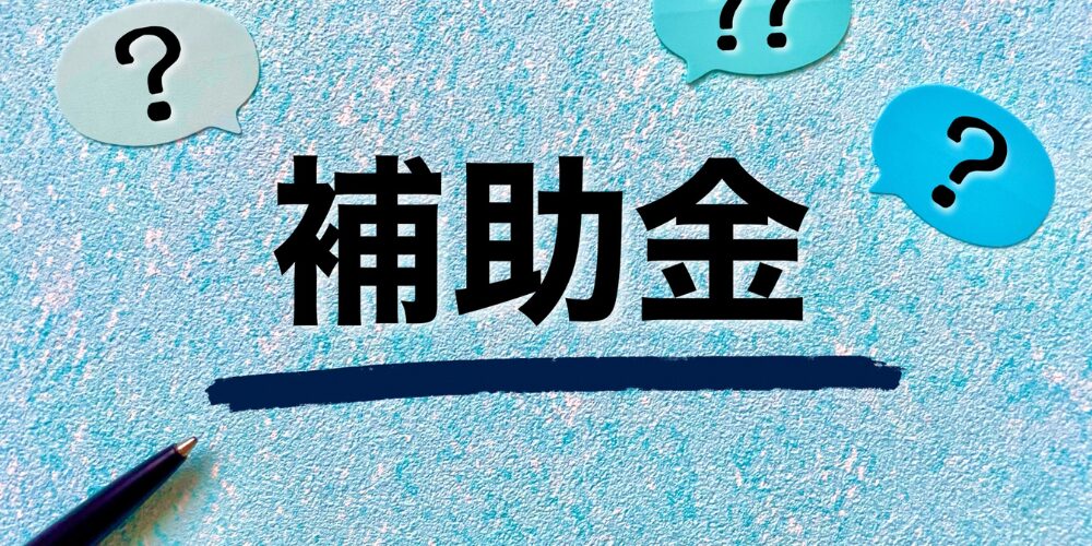 青い壁に大きく黒文字で『補助金』と書かれ、その周囲に吹き出し型の水色・青緑の紙にクエスチョンマークが配置された写真